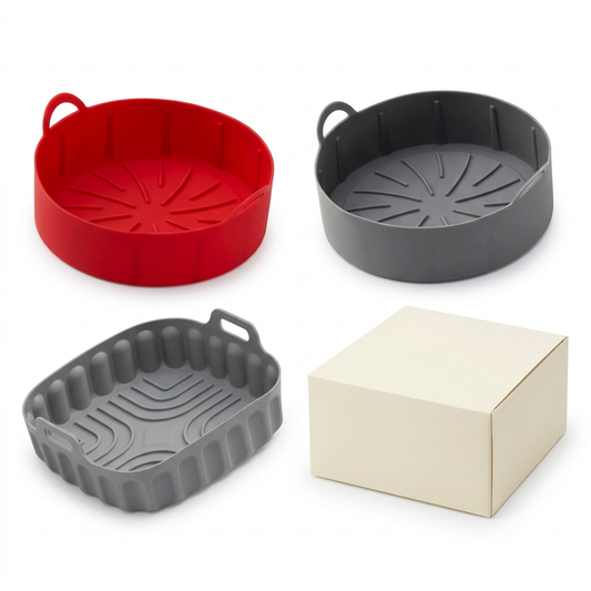 3-Piece Silicone Air Fryer Liner Set with Red & Charcoal Round Baskets, Grey Square Basket, Molded Handles and Raised Base Patterns