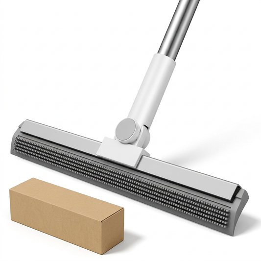 Gray and white bathroom floor squeegee with plain unbranded kraft box on white background