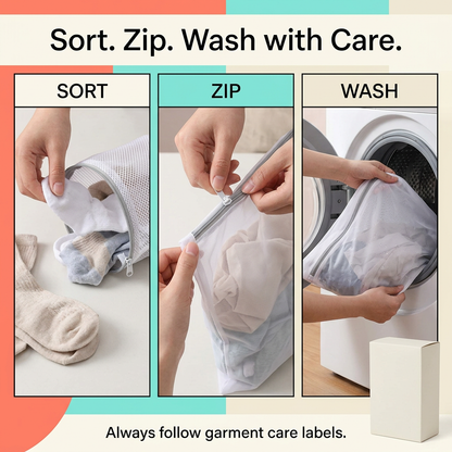 Three-panel laundry care sequence showing sorting garments, closing the wash bag and removing it from a washer.
