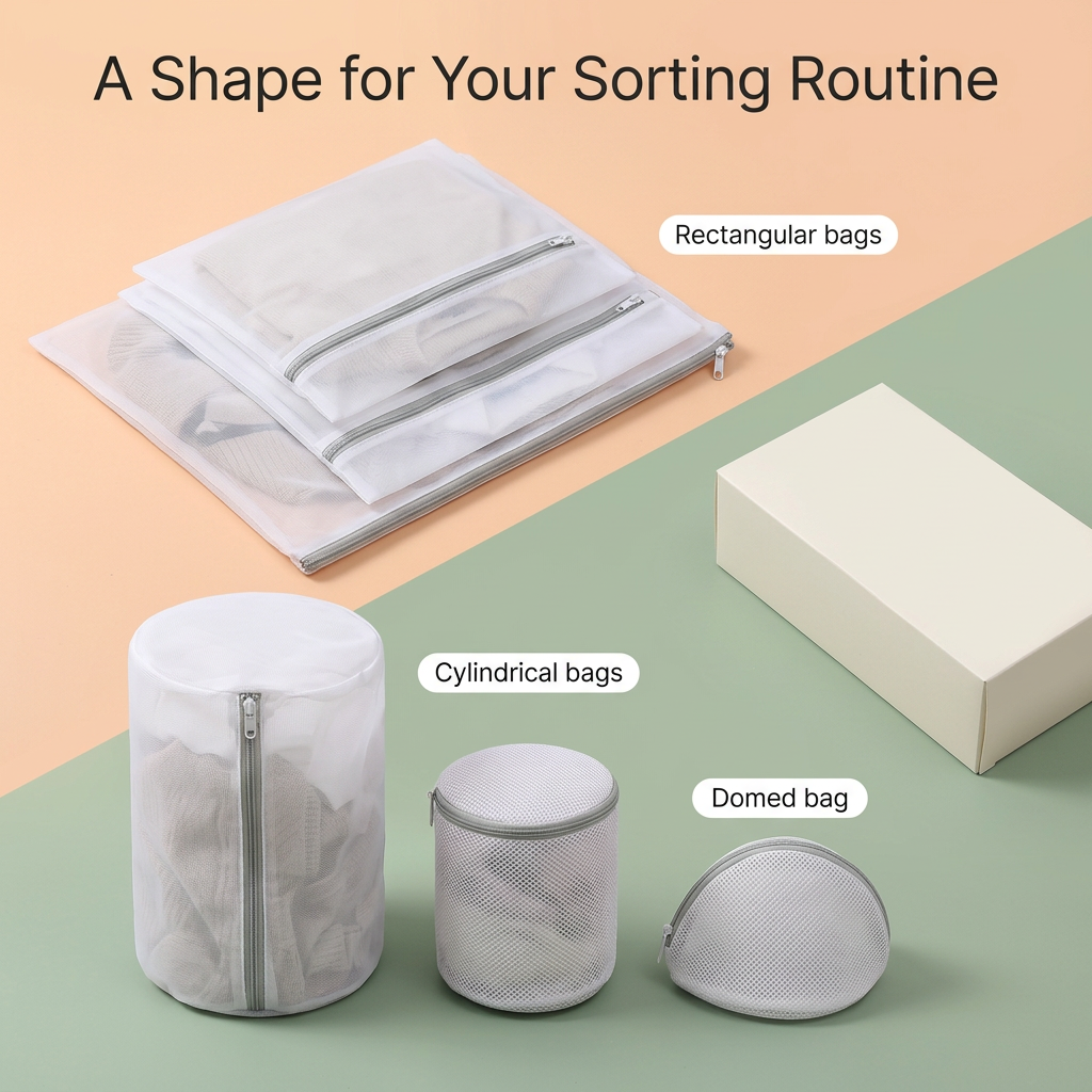 Rectangular cylindrical and domed white mesh wash bags with gray zipper trim.