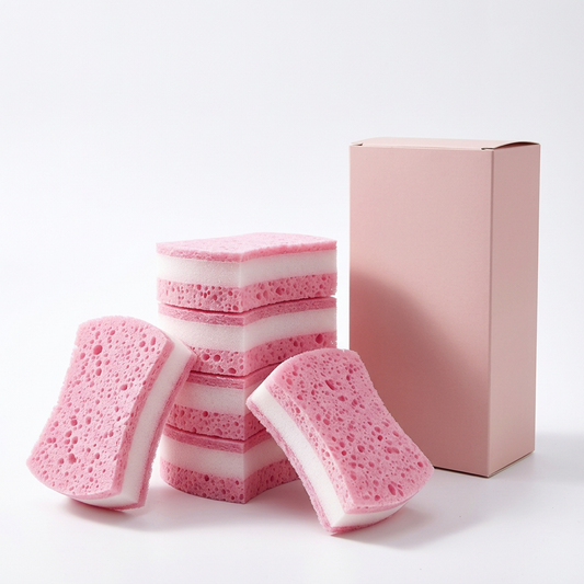 Pink porous layered kitchen sponge pads with blank blush pink box on white