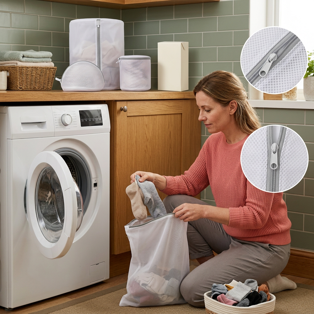 Adult woman sorting socks into a white mesh laundry wash bag in a colorful laundry room.
