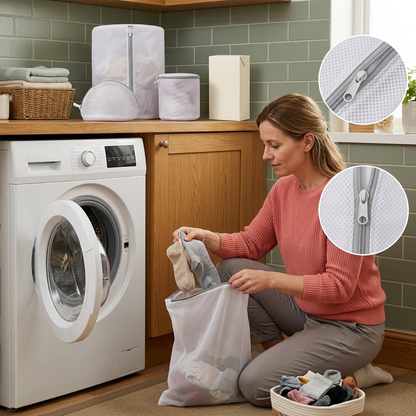 Adult woman sorting socks into a white mesh laundry wash bag in a colorful laundry room.