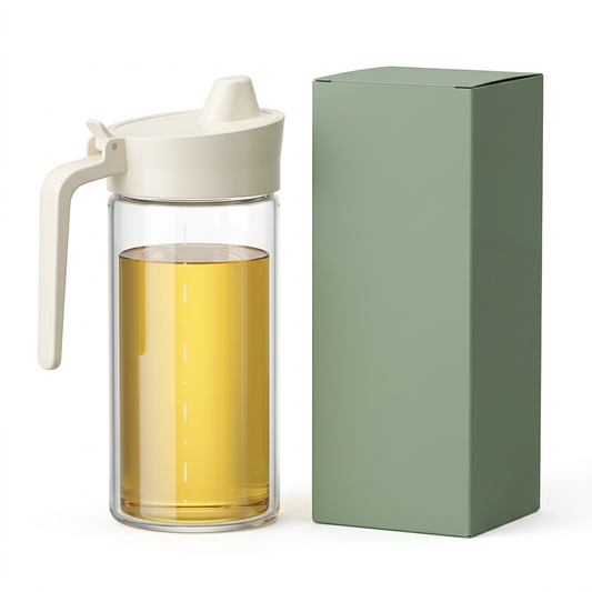Clear glass oil dispenser with ivory handle and plain sage box on white