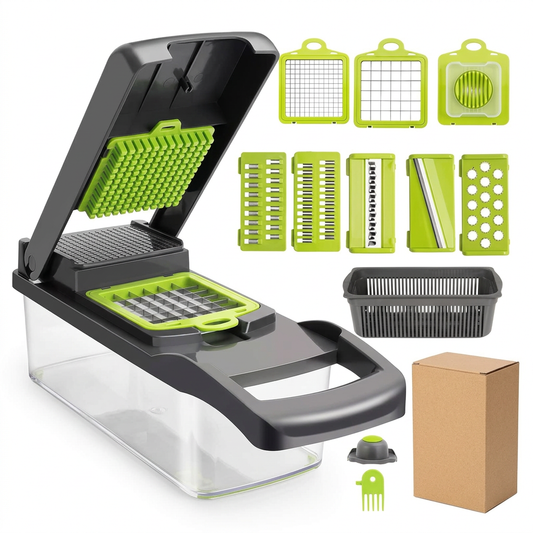 Black and lime manual vegetable chopper kit with clear container and plain beige box on white