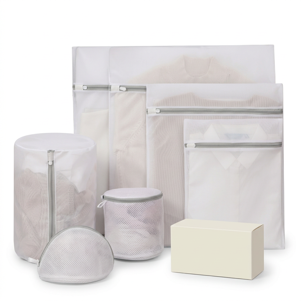 White mesh laundry bag assortment with gray zippers on a white background with an unbranded ivory carton.