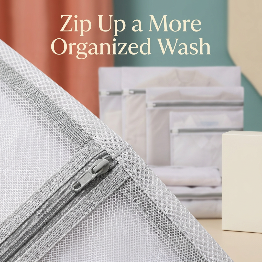 Close-up of a gray zipper and white mesh seam on the laundry wash bag.