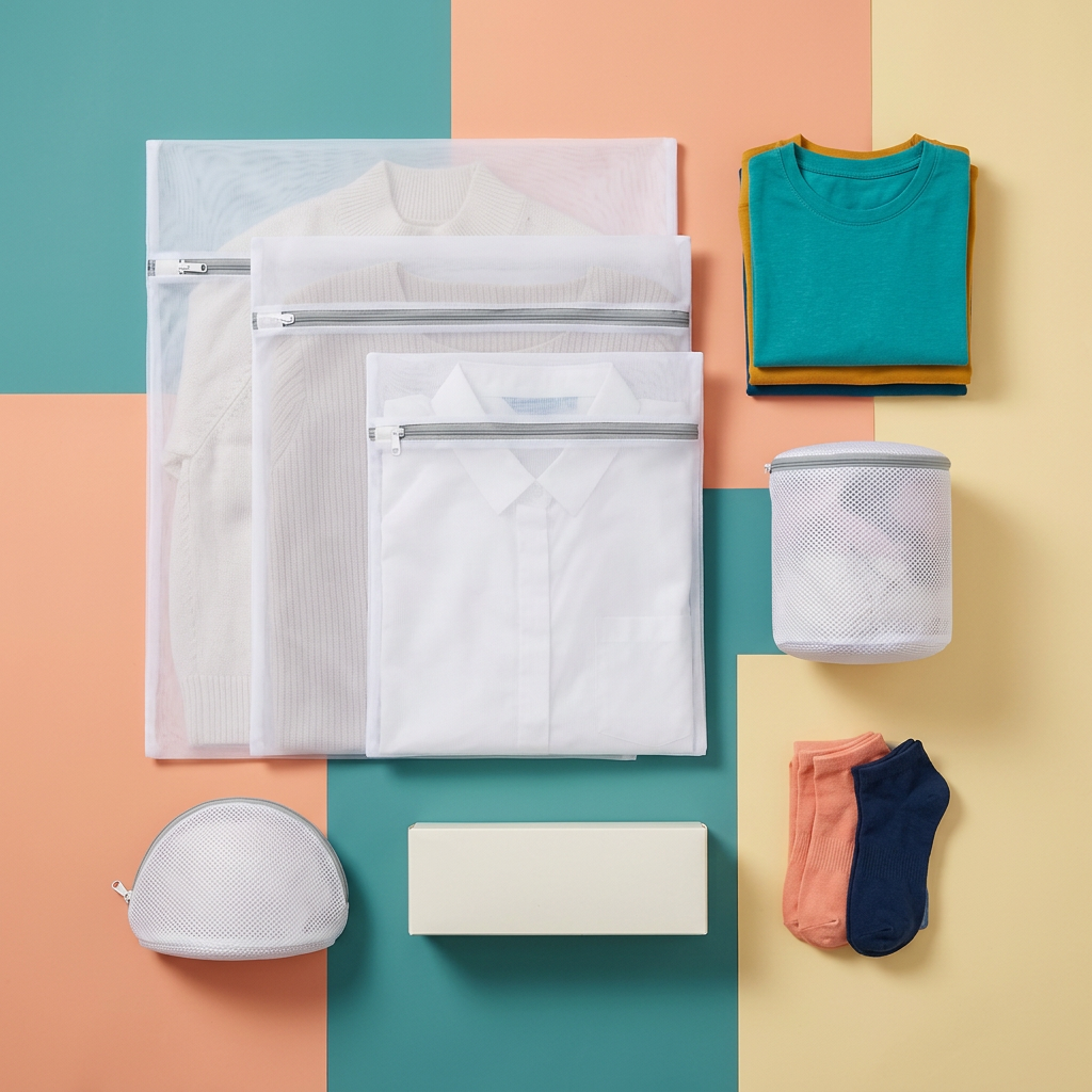 White laundry wash bags arranged with teal peach and yellow studio styling.