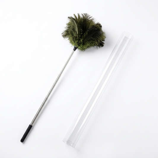 Olive feather-style telescopic duster with black grip and clear packaging on white