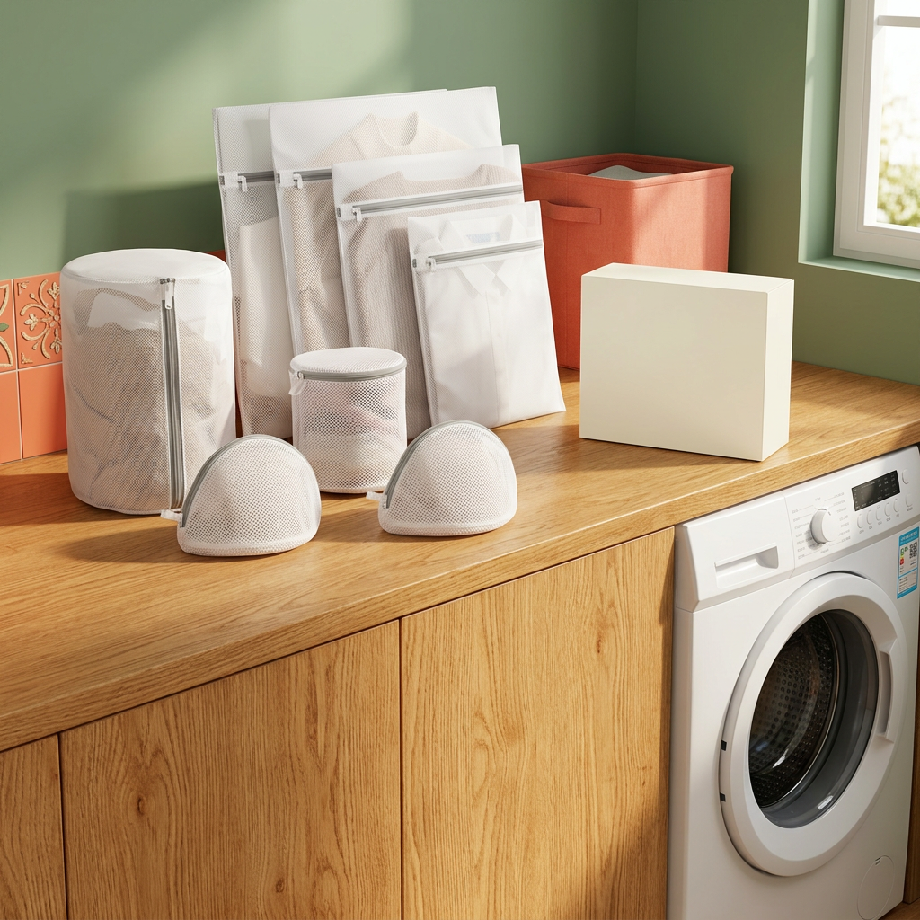 White mesh laundry bags displayed beside a washing machine in a colorful laundry room.