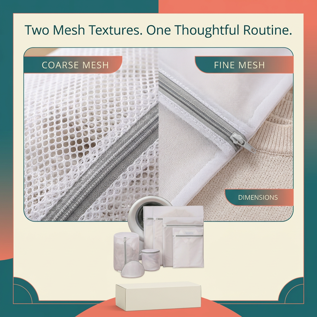 Close-up comparison of fine and coarse white mesh textures on laundry wash bags.