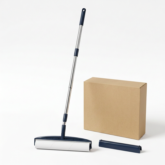 Long-handle navy lint roller with white adhesive roll, cover and plain kraft box on white