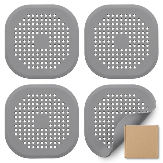 Gray rounded-square silicone drain cover set with plain kraft packaging on white