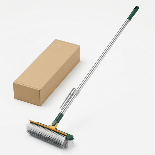 Green and yellow long-handle grout brush with plain kraft box on white