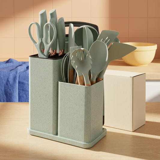 Sage green utensil set with cream packaging on a sunlit kitchen counter