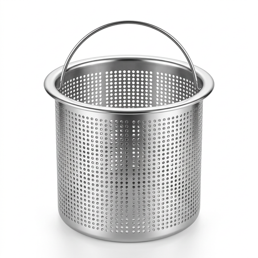 Silver stainless steel sink strainer basket on a white background
