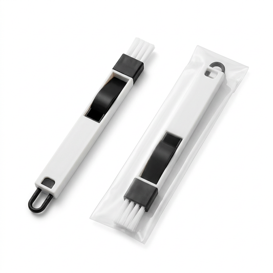 Black and white window track brush with plain clear packaging on white