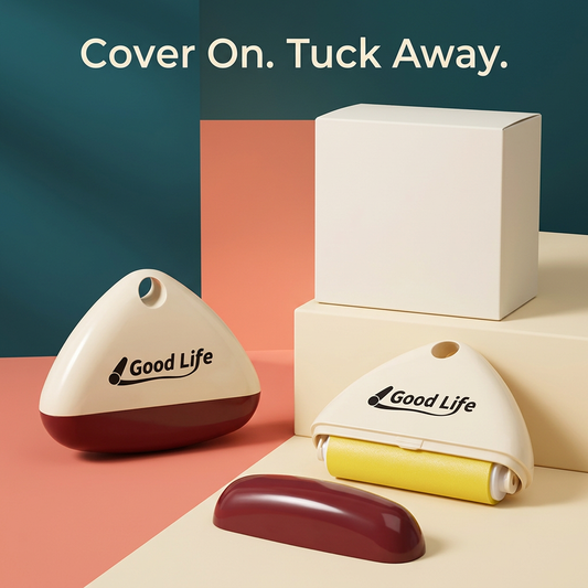 Covered and uncovered views of the ivory triangular lint roller with burgundy protective cover.